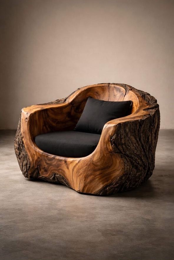 Hand-carved timber armchair sculpted from a single log