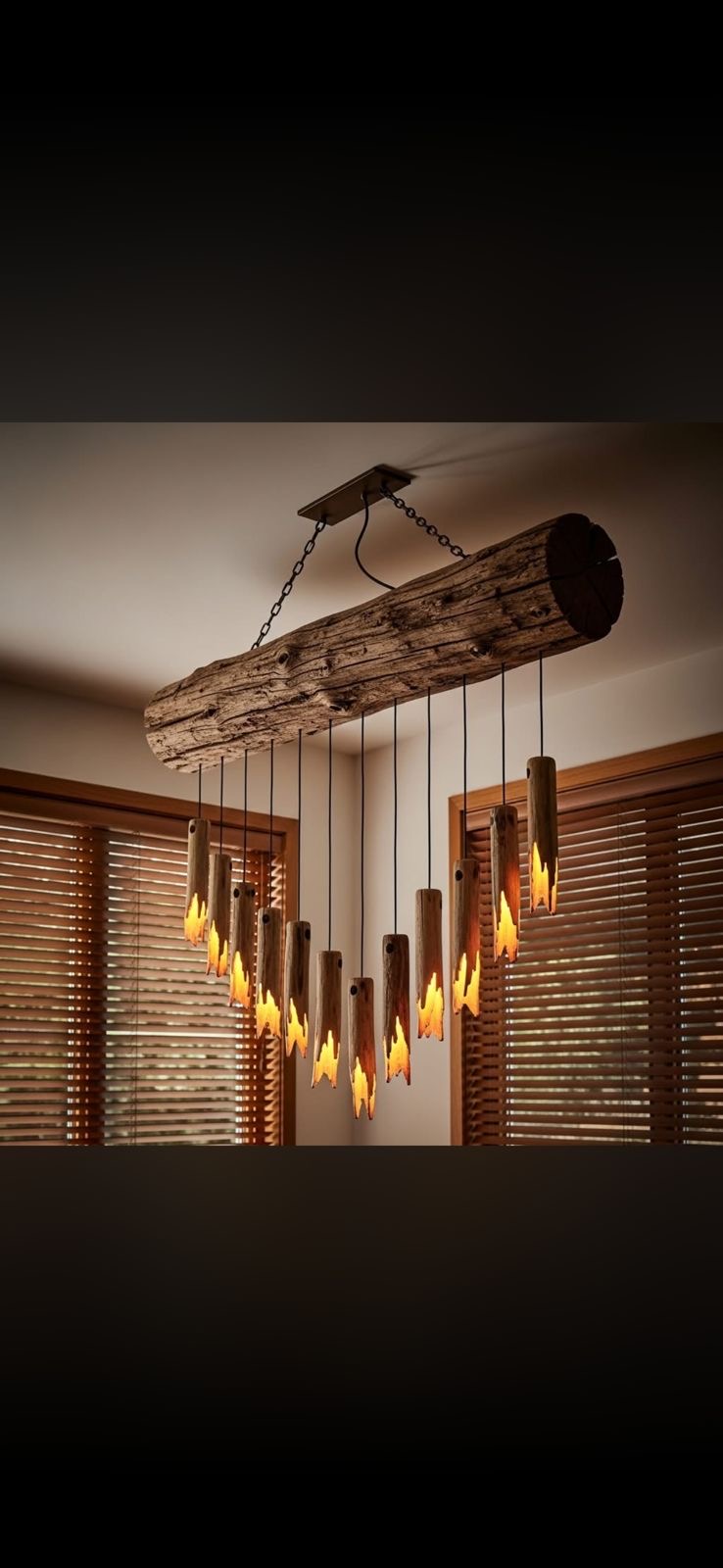 Hand-carved timber beam chandelier in a log-walled interior