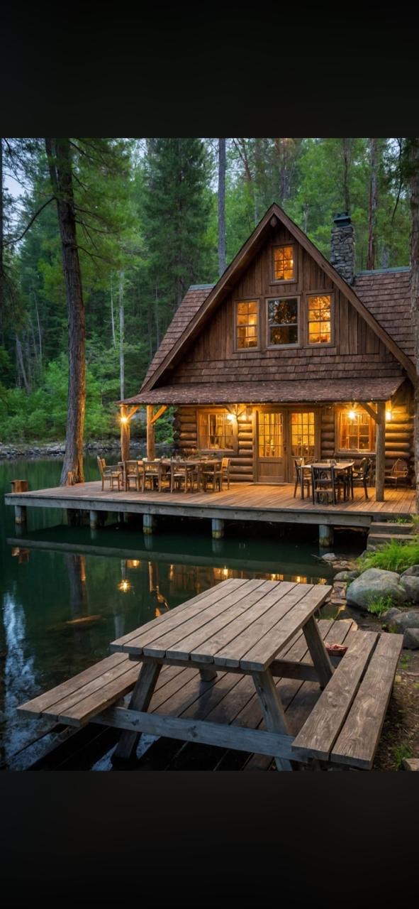 Timber estate at dusk with warm light glowing through windows