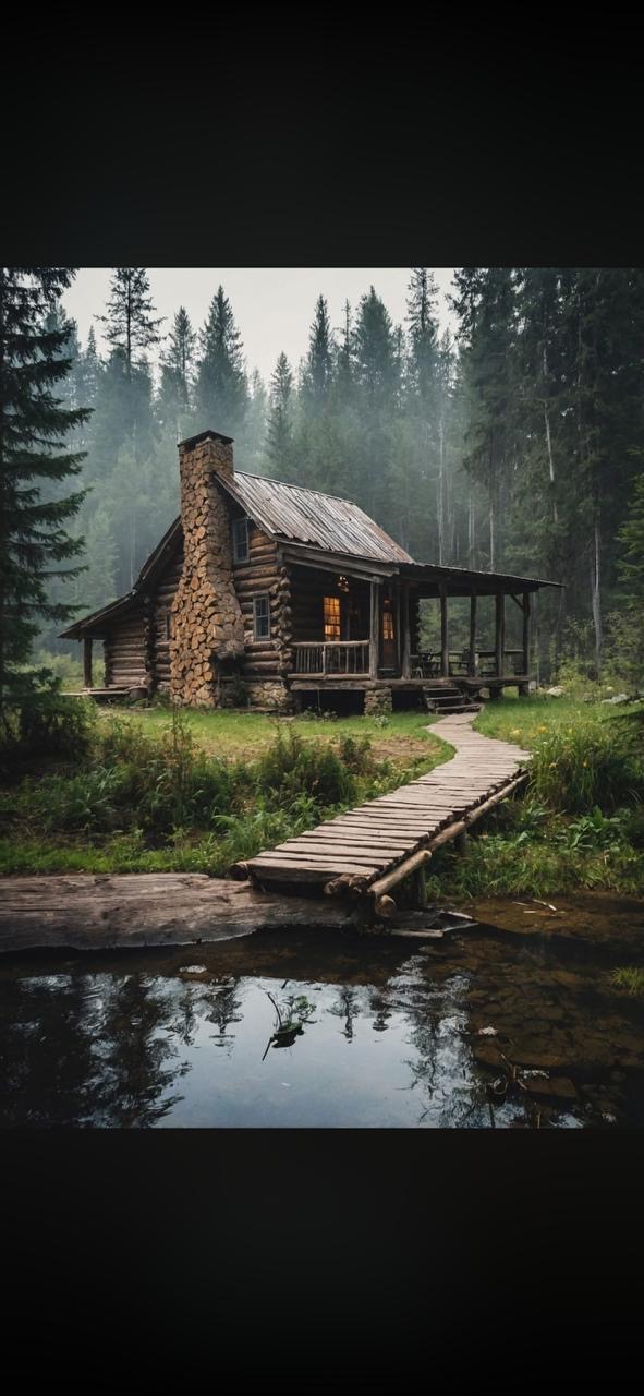 Timber cabin emerging from morning mist