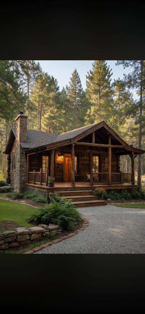 Timber cabin nestled among pine trees