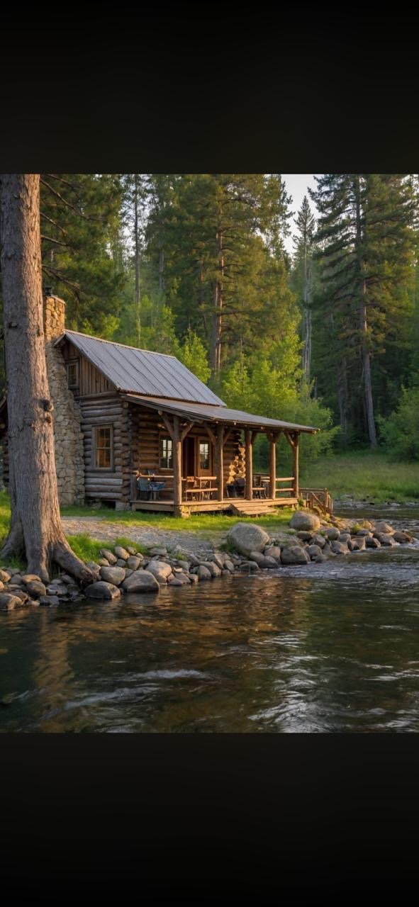 Timber cabin by a river with morning light filtering through trees