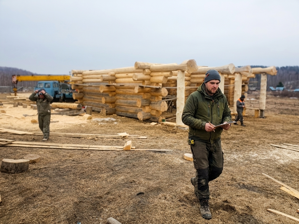 Master craftsman Ilia Zubko at work, hand-scribing timber on site