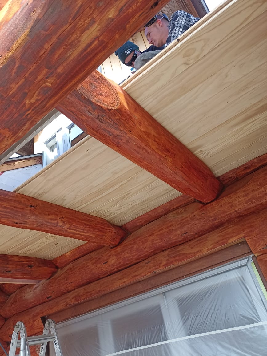 Morning light filtering through hand-scribed timber ceiling beams
