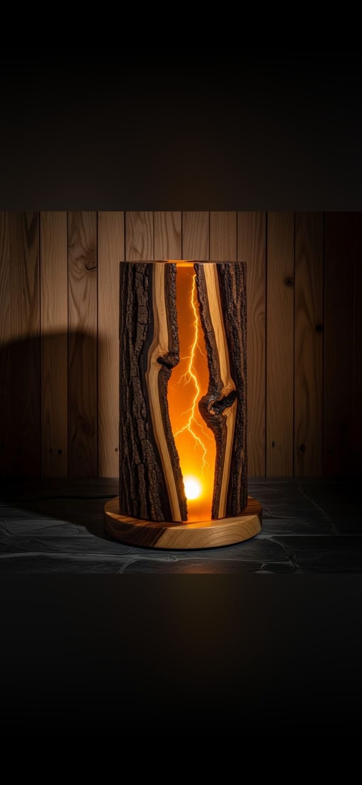 Bark-wrapped timber table lamp casting warm amber light