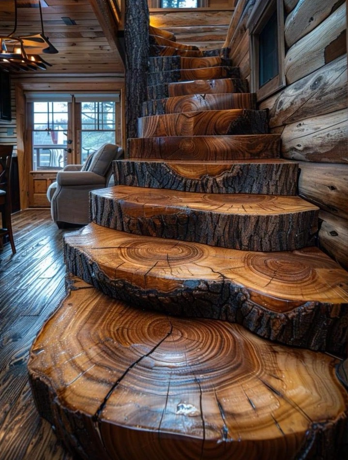 Bespoke timber staircase with cross-cut log-slice treads in a hand-scribed estate