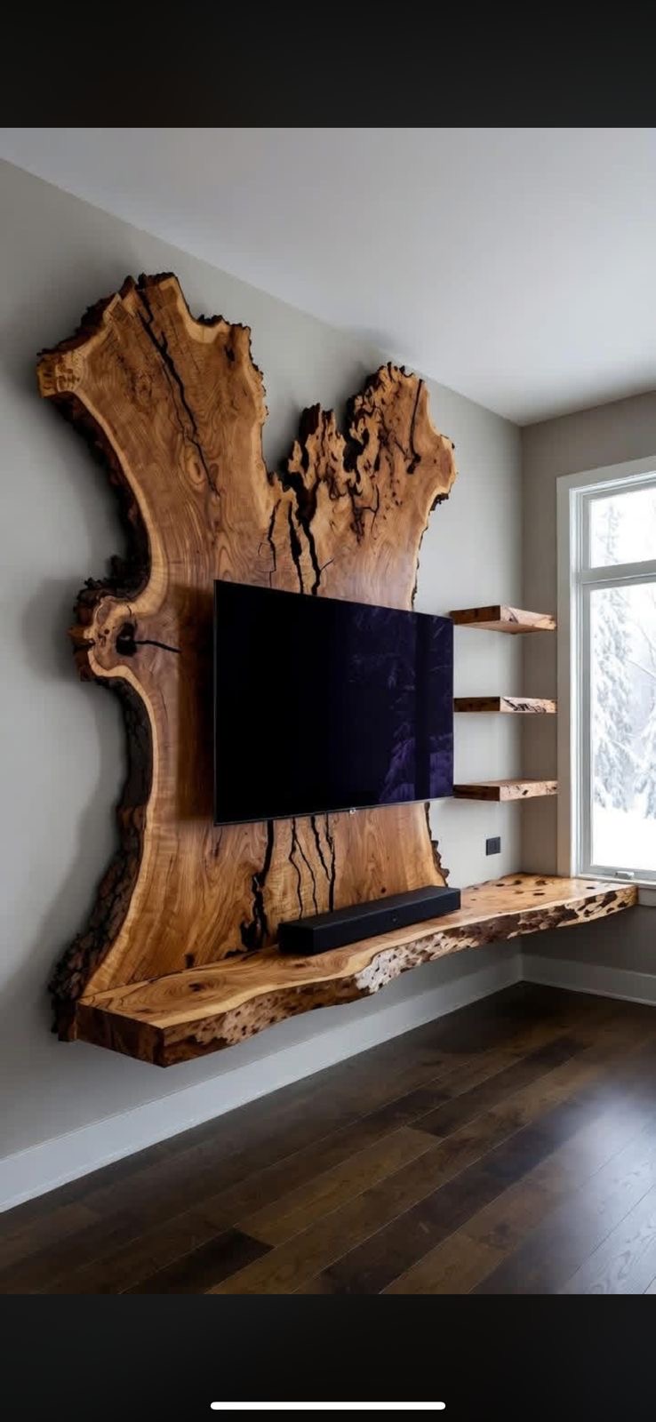 Live-edge timber feature wall with integrated media display