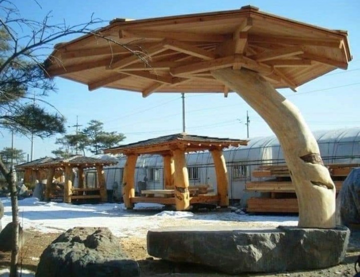 Sculpted wooden mushroom shade, a hand-carved garden feature for outdoor living
